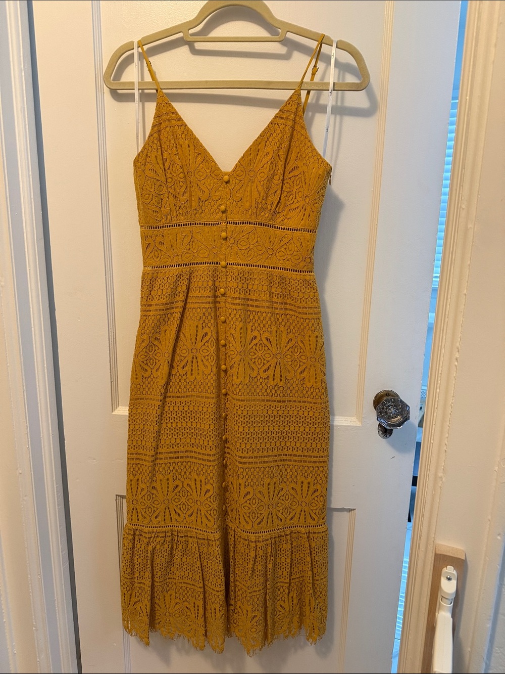 Lulu's Mustard Yellow Crochet Midi Dress
